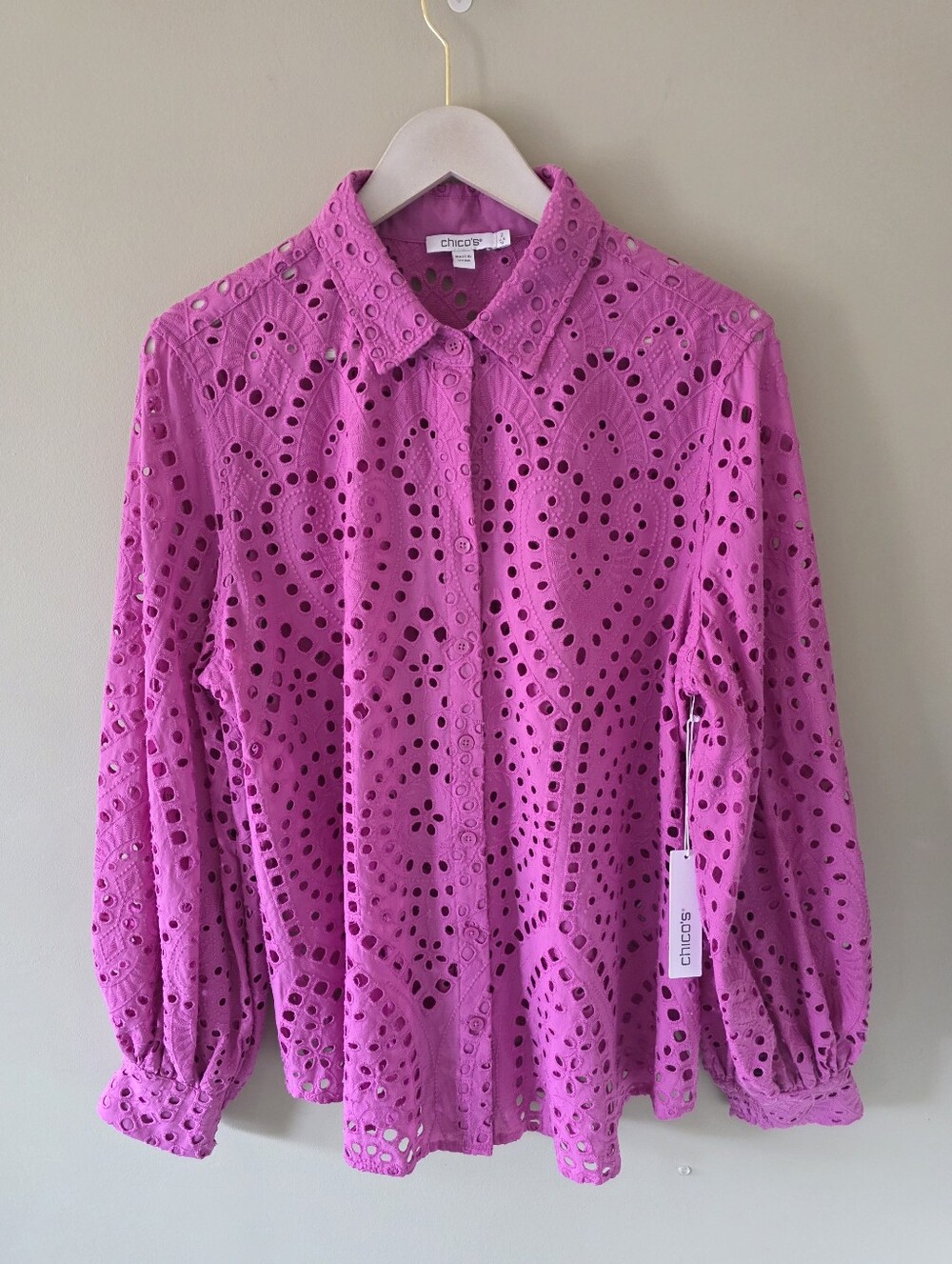 NWT Chico’s L Boho Romantic Resortwear Orchid Pink Eyelet Balloon Sleeve Blouse - Picture 2 of 16